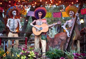 DIA DE LOS MUERTOS (ANAHEIM, Calif.) ñ A colorful display at Disneyland park honors Dia de los Muertos with cheerful skeletons, sugar skulls and marigolds during Halloween Time at the Disneyland Resort, from Sept. 11 through Nov. 1, 2015. The Diamond Celebration continues at the resort through the Halloween season, with dazzling entertainment and dÈcor, in addition to the return of Haunted Mansion Holiday and Space Mountain Ghost Galaxy. This year, the family-friendly Mickeyís Halloween Party expands to 17 nights throughout the season at Disneyland park, where guests are invited to trick-or-treat in costume, celebrate with favorite Disney characters and enjoy special presentations of the ìHalloween Screamsî fireworks spectacular and the all-new ìPaint the Nightî parade. (Paul Hiffmeyer/Disneyland Resort)